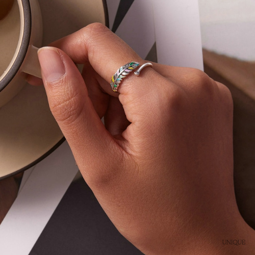 Colourful Feather Ring in 925 Silver