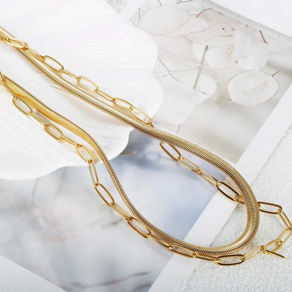 Double Mesh and Link Necklace Plated in 18K Gold